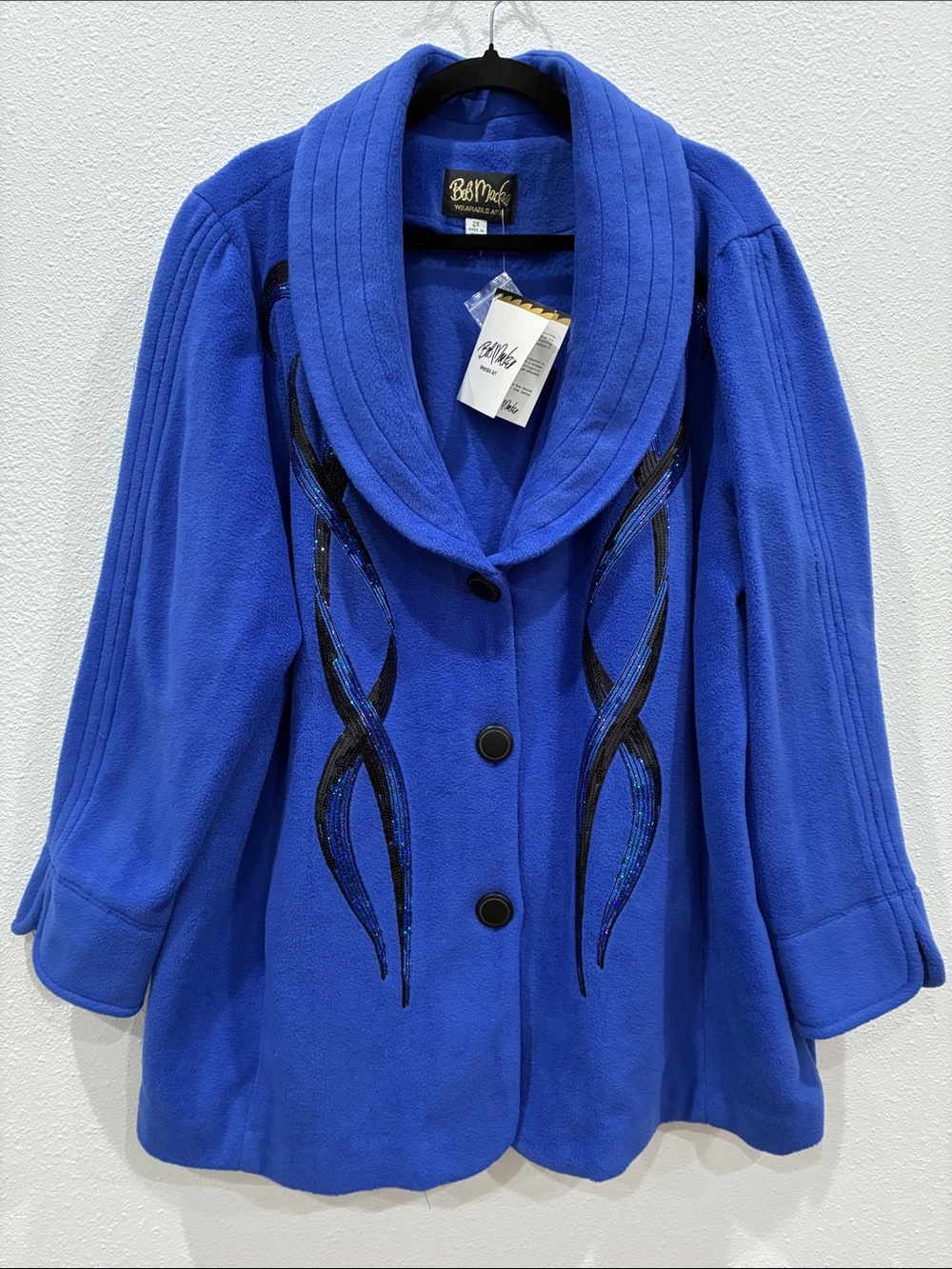 Bob Mackie vintage Cobalt Blue Shawl Collar Embellished Fleece Coat